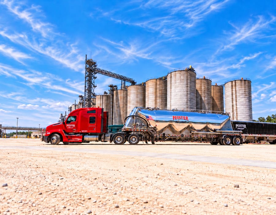 Pfister Bulk Transport red truck at grain facility